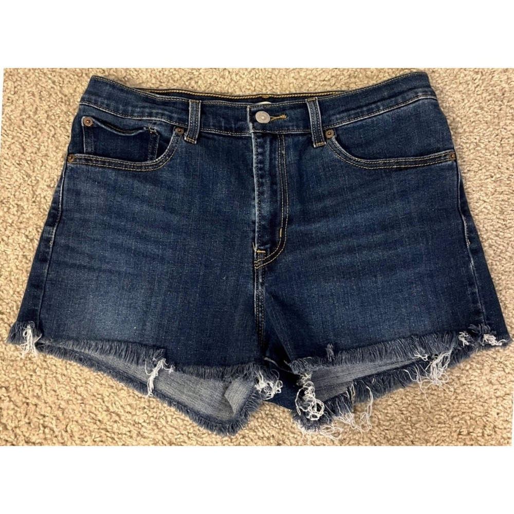 Levis High Rise Denim Shorts Dark Wash Frayed Hem Size 31